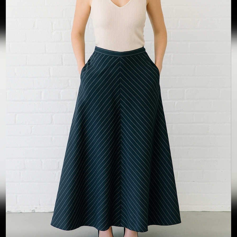 Escada Navy Pinstripe A-Line Skirt
